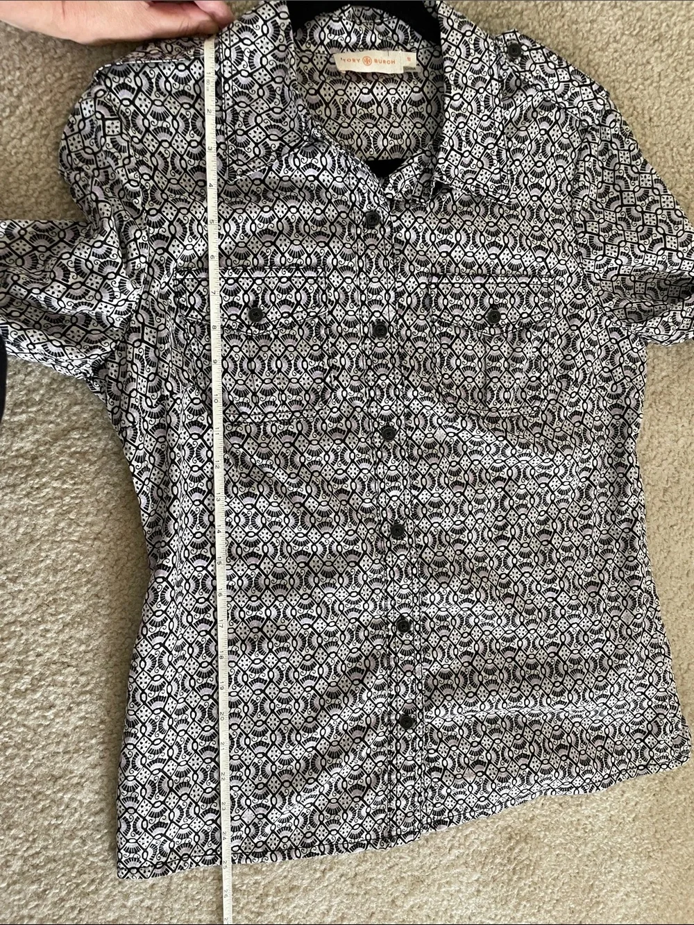 Tory Burch size 10 Black, White & Light Purple Patterned Blouse